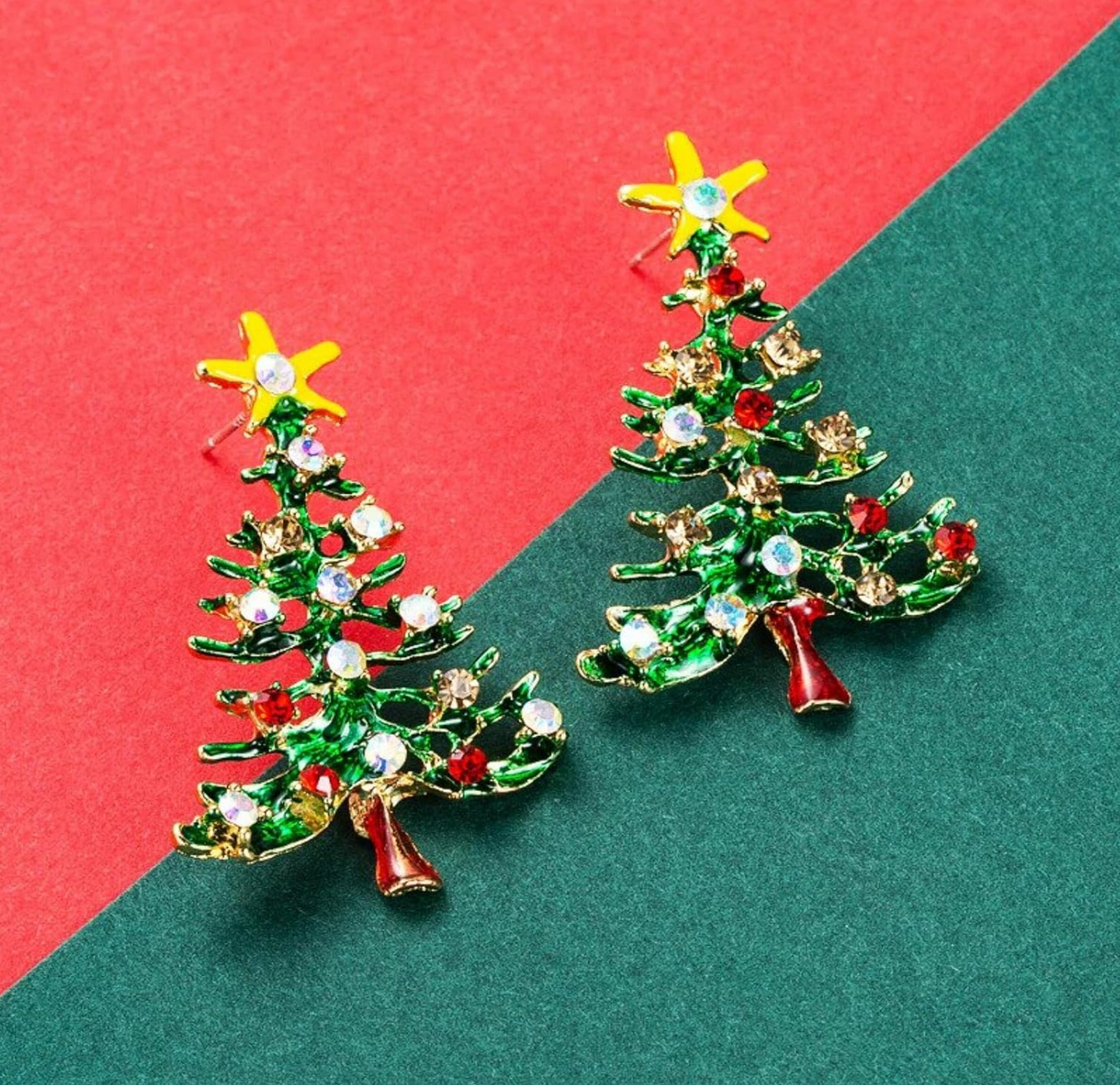 Green Crystal Decorated Christmas Tree Stud Earrings