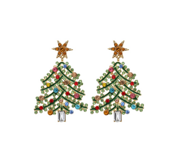 Green & Multi-colored Crystal Christmas Tree Drop Earrings