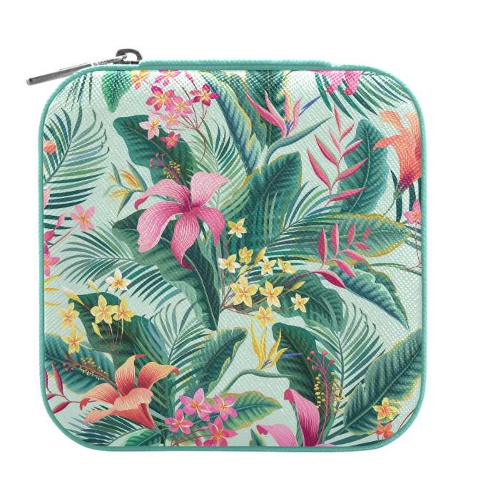 Tropical Turquoise and Pink Floral Travel Jewelry Case