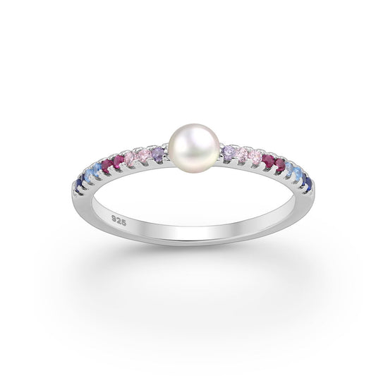 Sterling Silver Freshwater Pearl & Pink, Blue Purple CZ Pave Ring