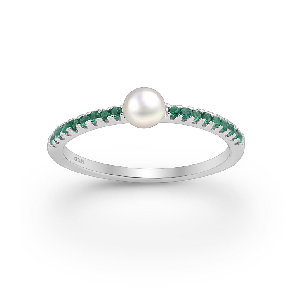 Sterling Silver Freshwater Pearl & Green CZ Pave Ring