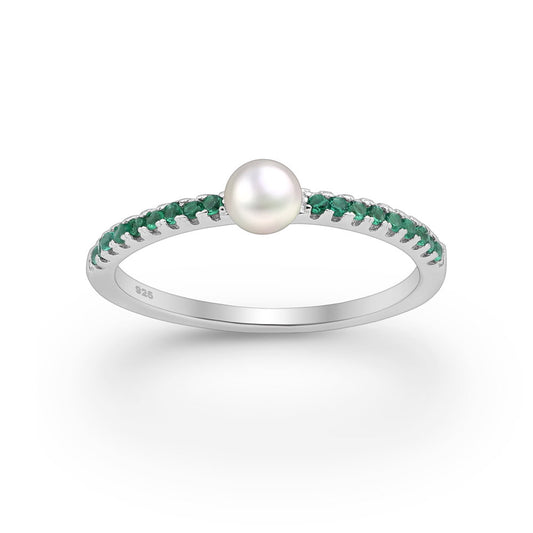 Sterling Silver Freshwater Pearl & Green CZ Pave Ring