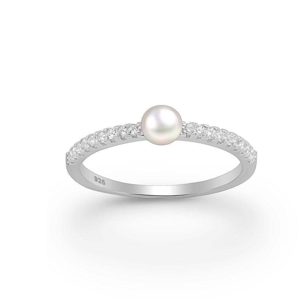 Sterling Silver Freshwater Pearl & Clear CZ Pave Ring