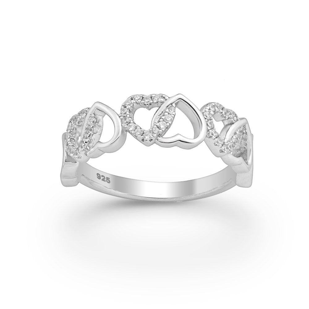 Sterling Silver & CZ Pave Interlocked Hearts Ring