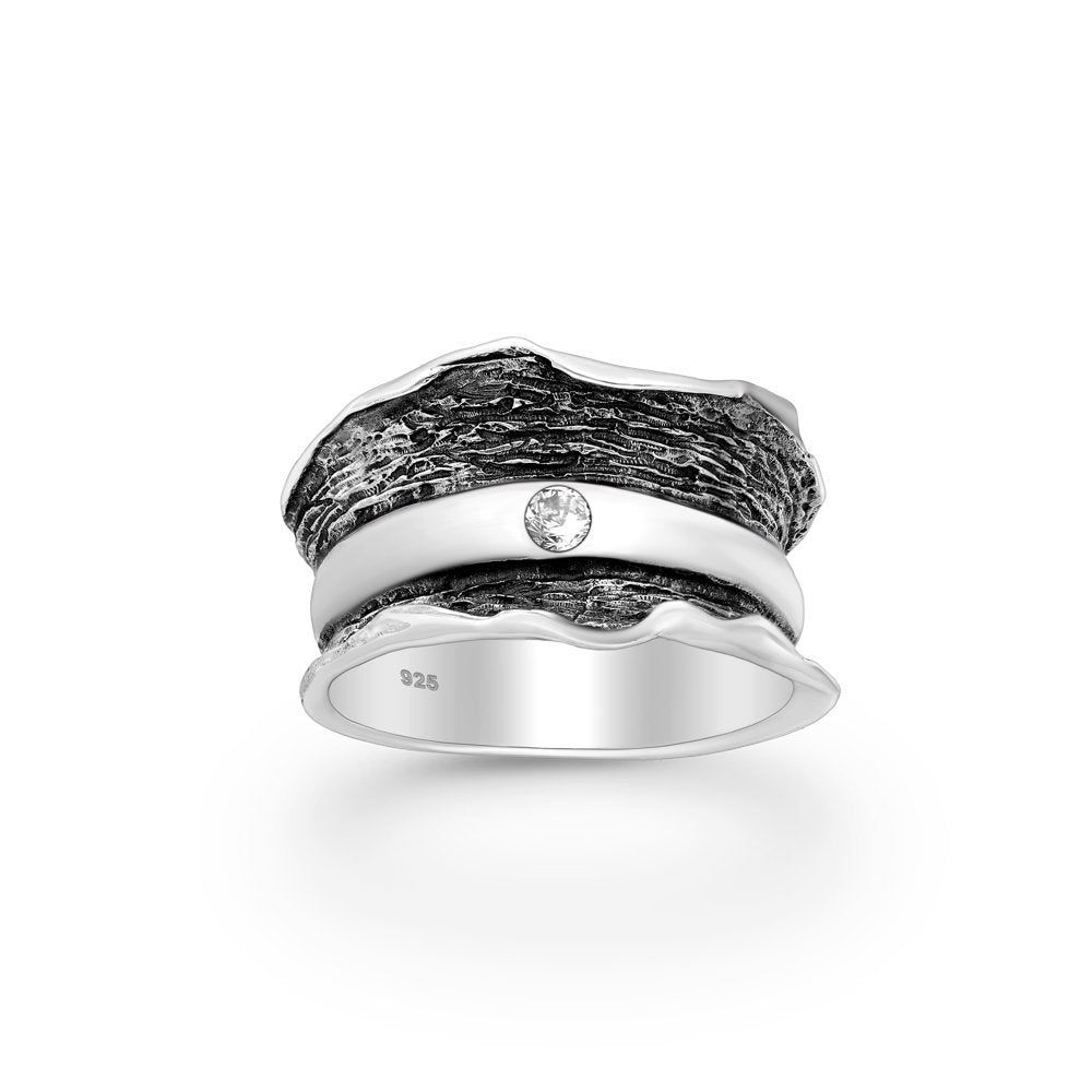 Sterling Silver Organic Shaped Oxidized Ring with CZ