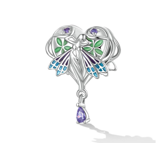 Sterling Silver Purple CZ & Green Fairy in Heart with Vines Bracelet Charm