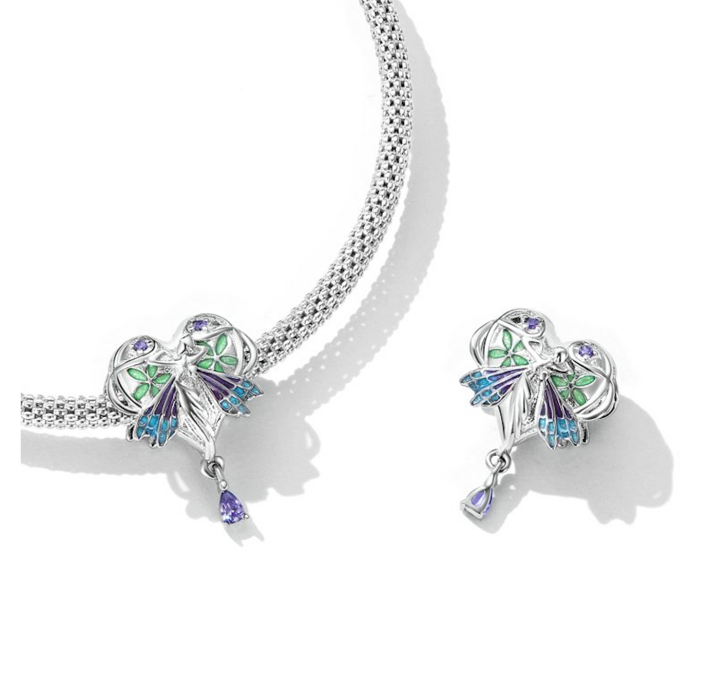 Sterling Silver Purple CZ & Green Fairy in Heart with Vines Bracelet Charm