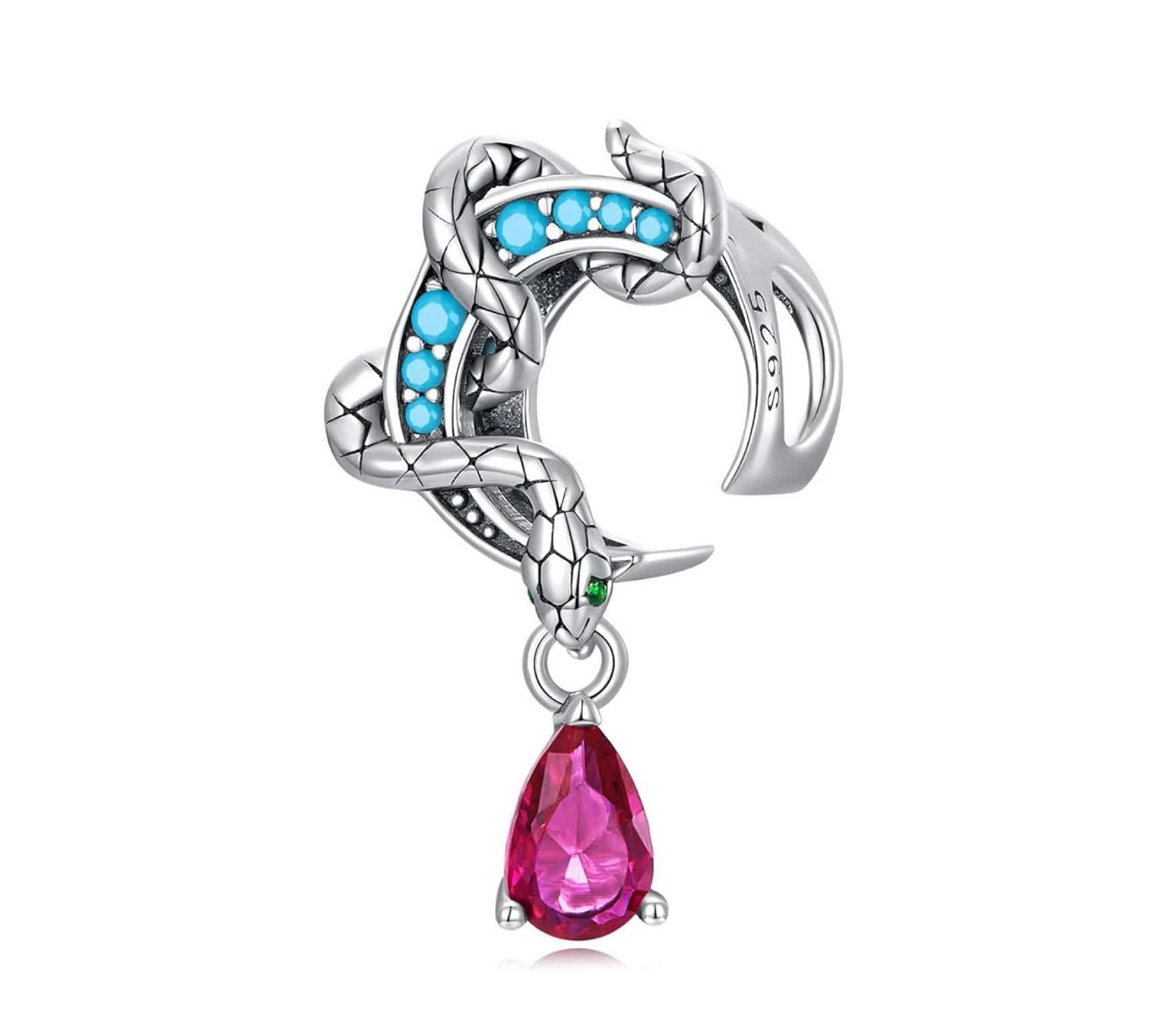 Sterling Silver Blue & Pink CZ Snake Wrapped Around Moon Bracelet Charm