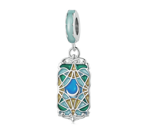 Sterling Silver Green & Yellow Ornate Stained Glass Window with Moon Dangling Charm