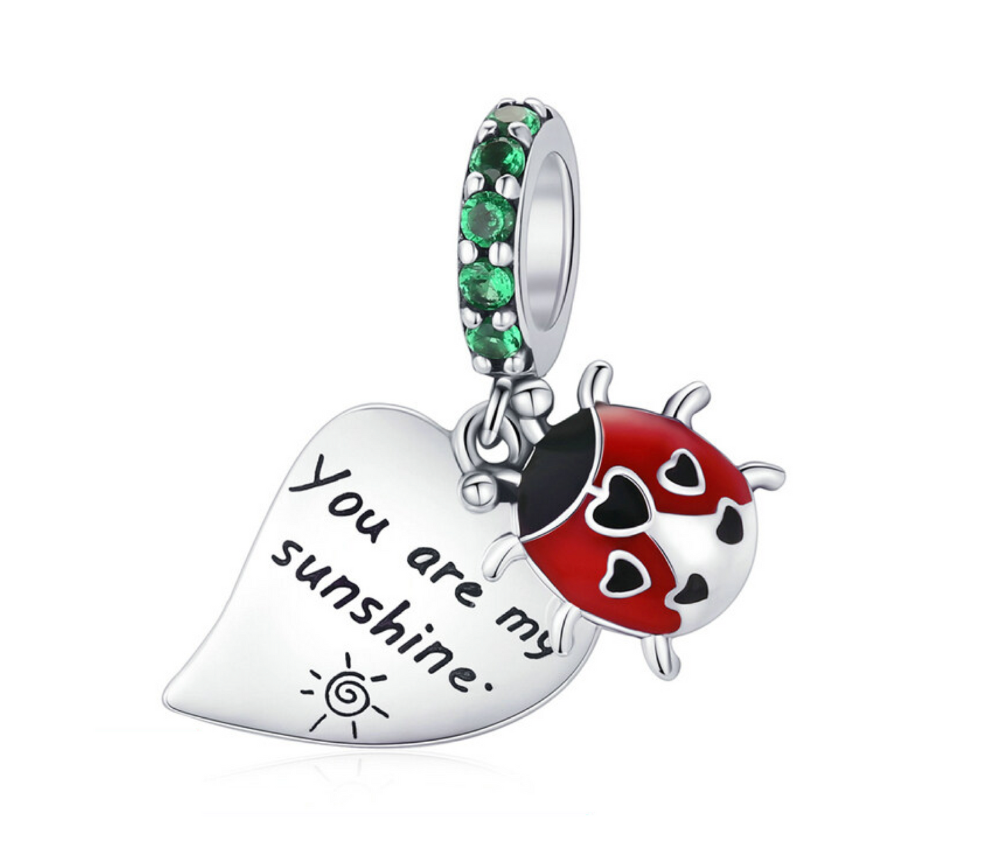 Sterling Silver Green CZ, Red Ladybug 'You Are my Sunshine' Bracelet Charm