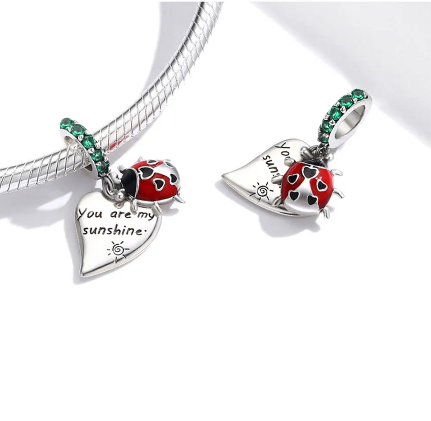 Sterling Silver Green CZ, Red Ladybug 'You Are my Sunshine' Bracelet Charm