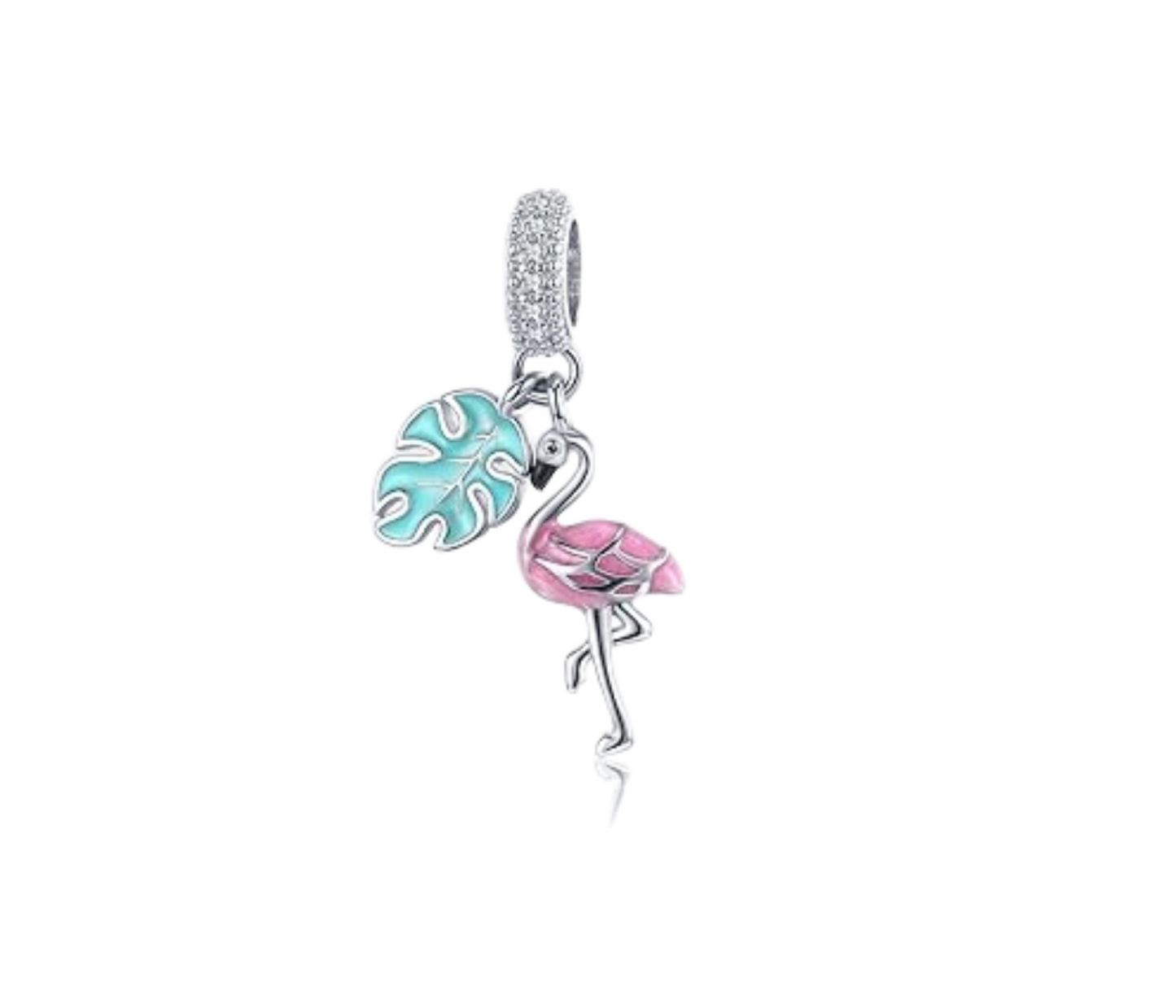 Sterling Silver Pink Flamingo & Green Leaf Bracelet Charm