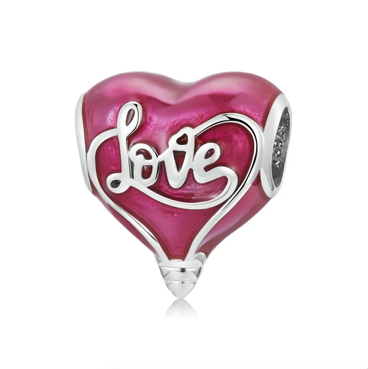 Bright Pink Sterling Silver & CZ Pave LOVE Heart Bracelet Charm