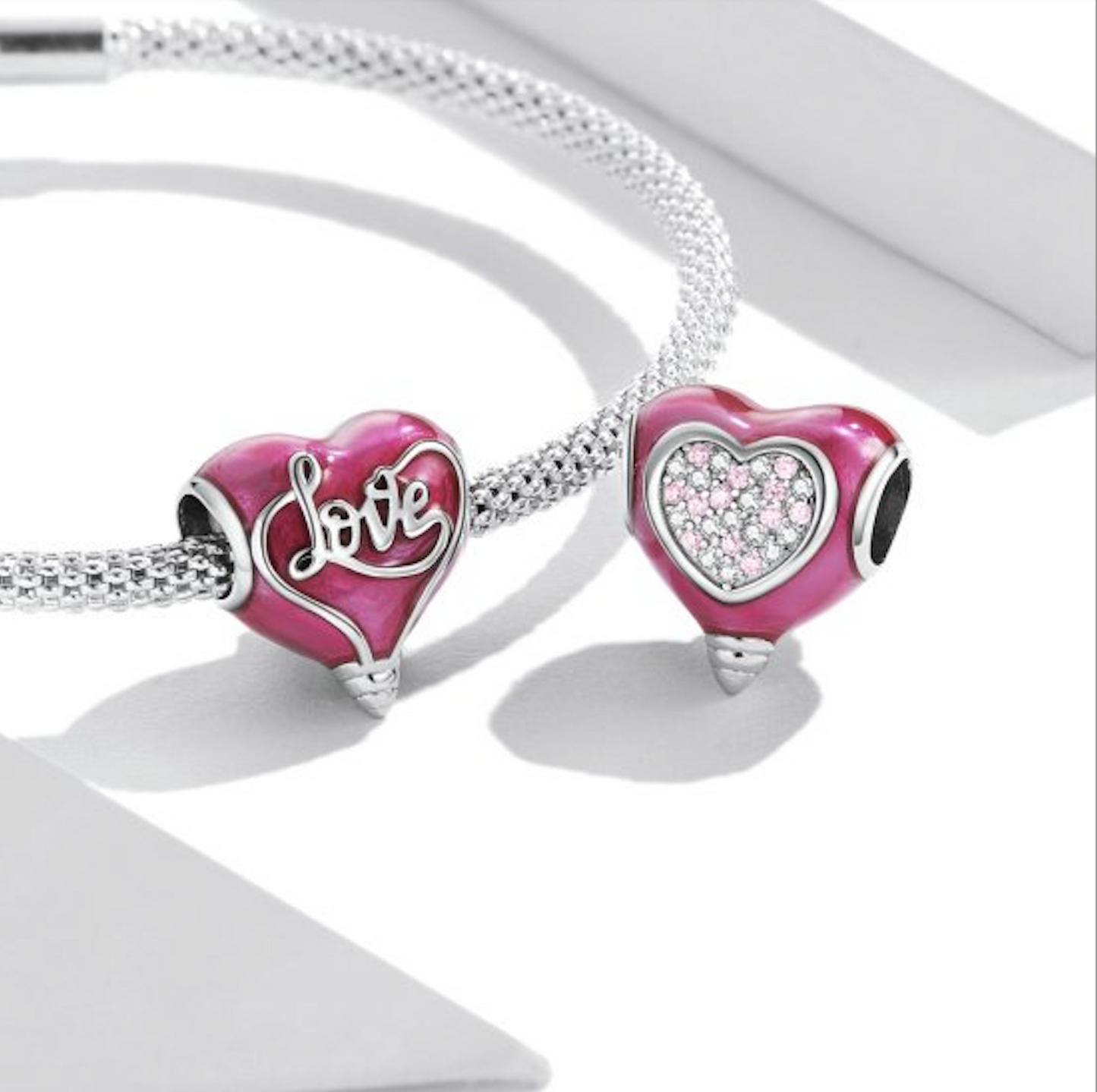 Bright Pink Sterling Silver & CZ Pave LOVE Heart Bracelet Charm