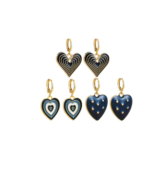 Goldtone Navy Patterned Hearts Set Of 3 Huggie Hoop Earrings