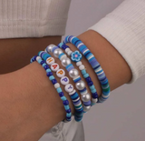 Blue Beaded & Imitation Pearl 'happy' Bracelet Set
