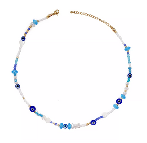 Blue & White Seed Bead Evil Eye Necklace