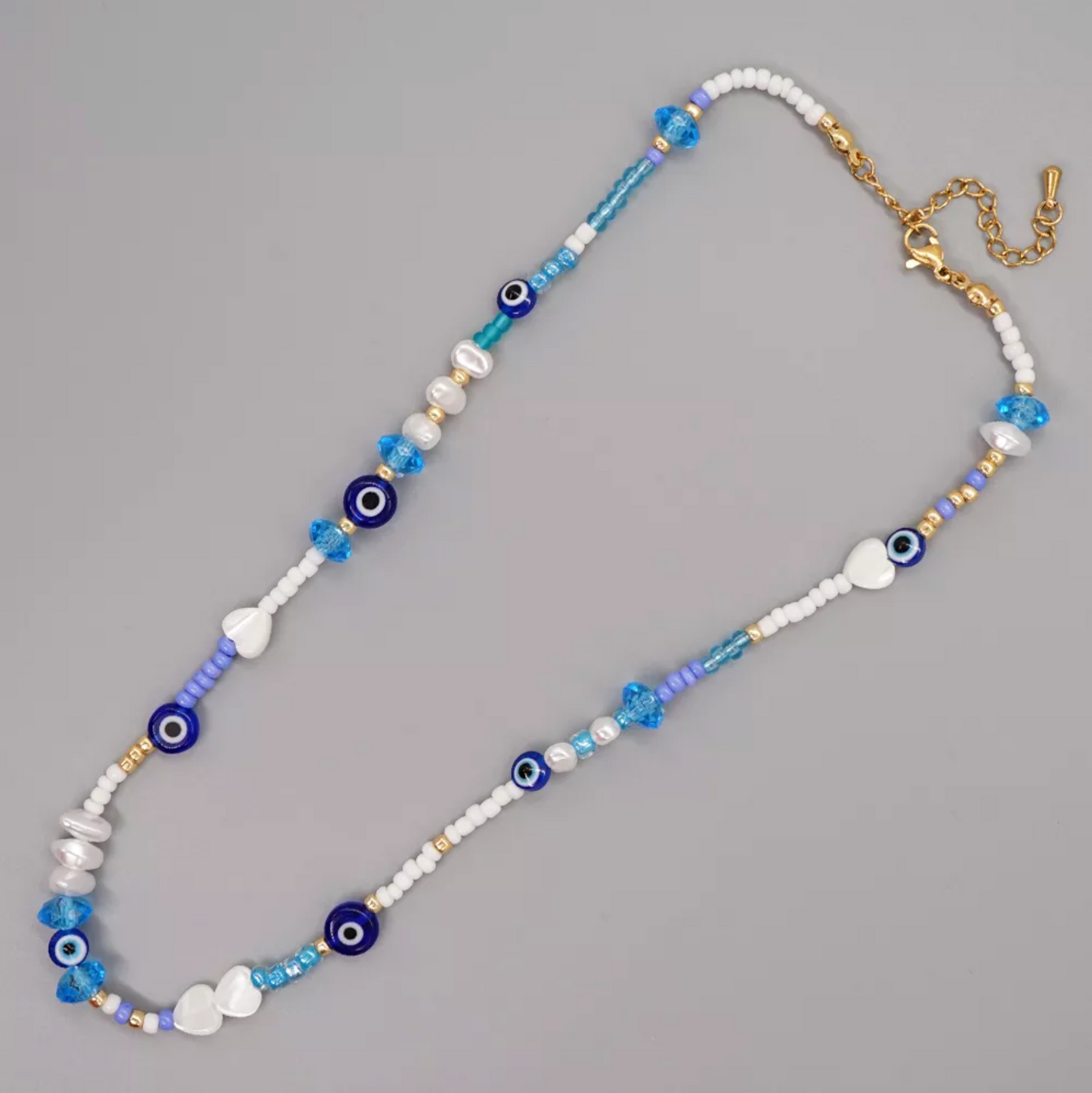 Blue & White Seed Bead Evil Eye Necklace