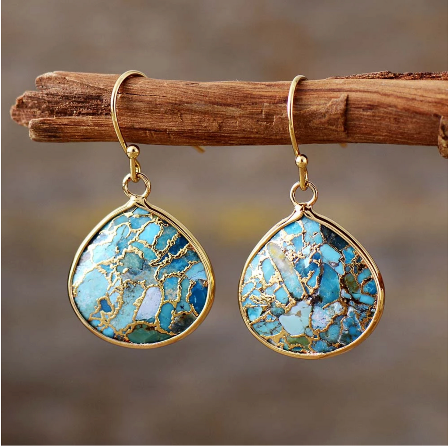 Reconstituted Turquoise with brass inlaid Teardrop Earrings
