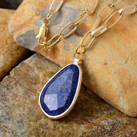 Lapis Lazuli & Goldtone Faceted Framed Pendant Necklace