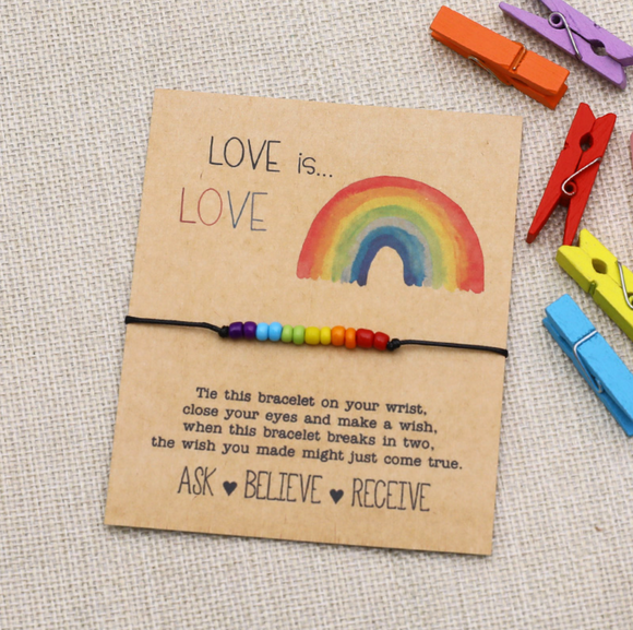 Black & Rainbow Beaded 'love Is Love' Adjustable Bracelet