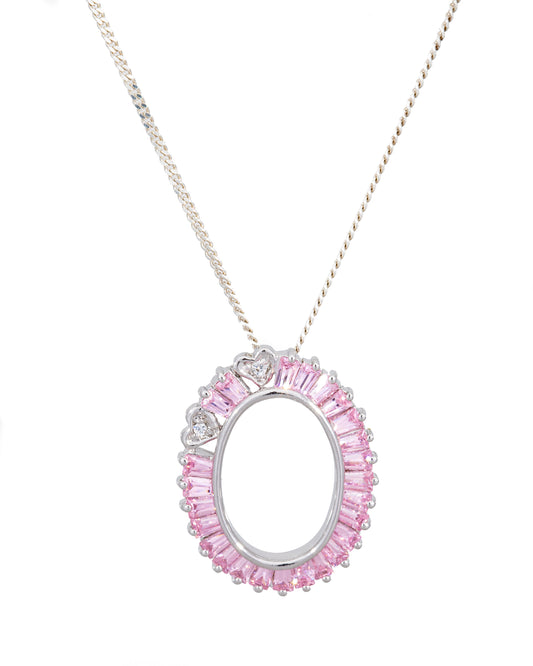 Sterling Silver Open Oval Pendant Necklace with Pink Cubic Zirconia