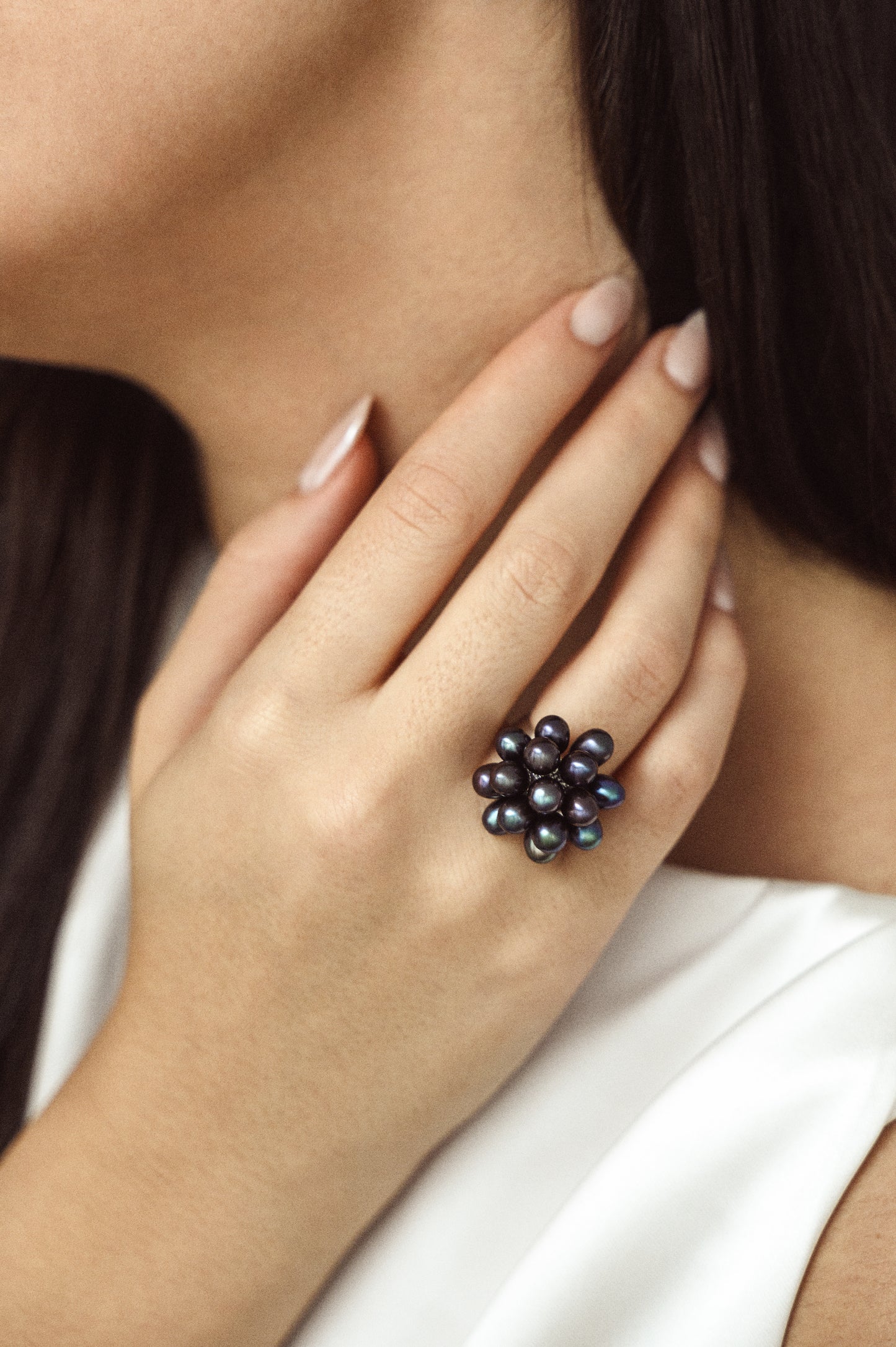 Sterling Silver Adjustable Deep Purple Black Freshwater Pearl Clustered Ring