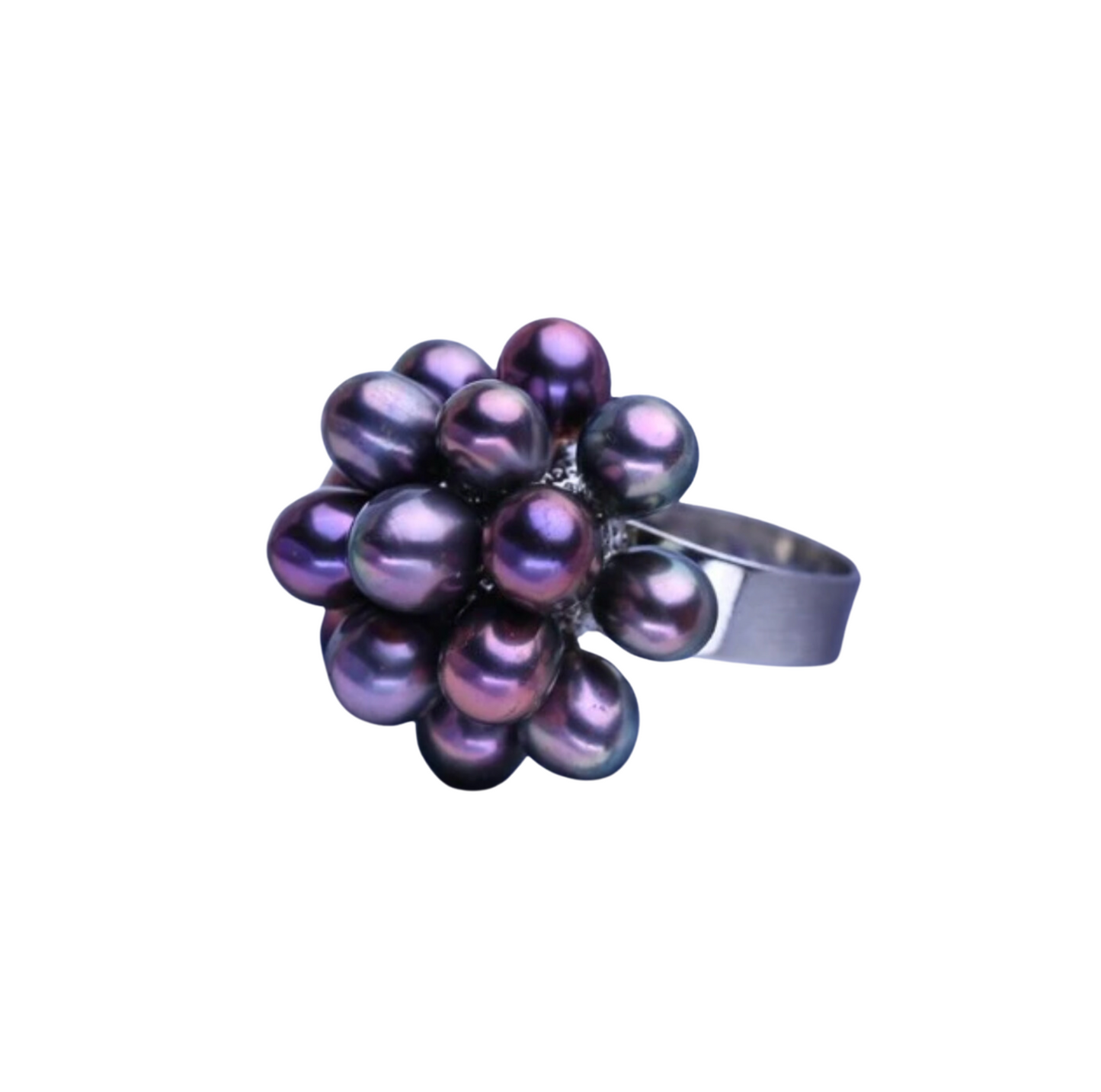 Sterling Silver Adjustable Deep Purple Black Freshwater Pearl Clustered Ring