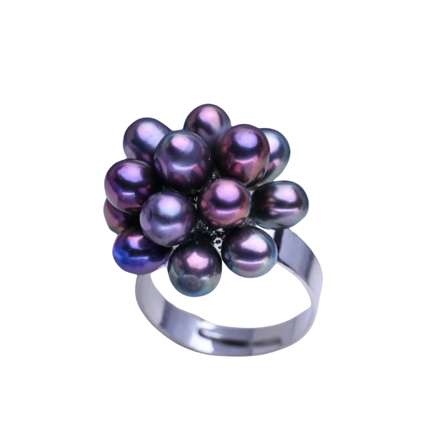 Sterling Silver Adjustable Deep Purple Black Freshwater Pearl Clustered Ring