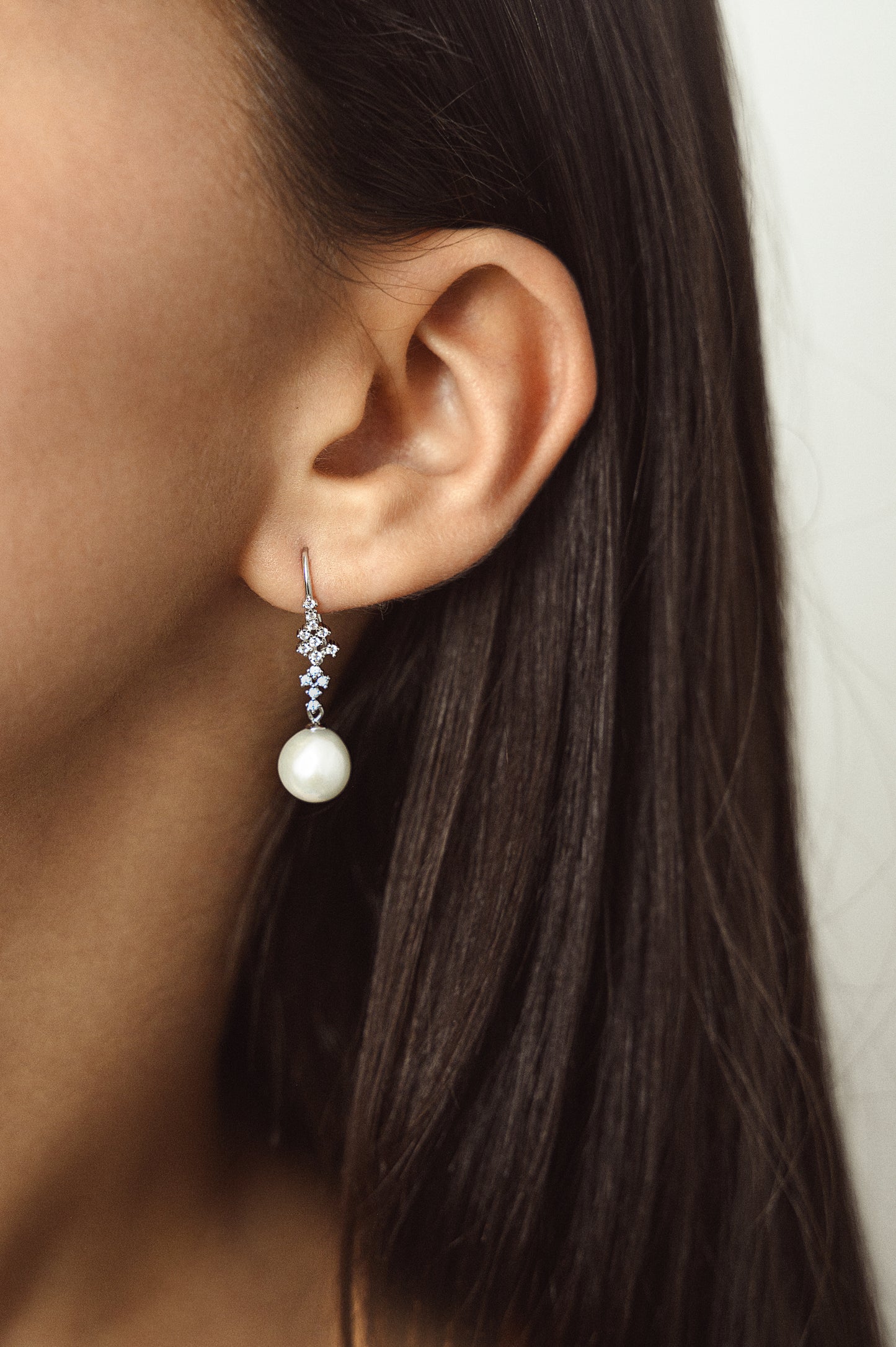 Sterling Silver Clustered CZ & White Freshwater Teardrop Pearl Drop Earrings