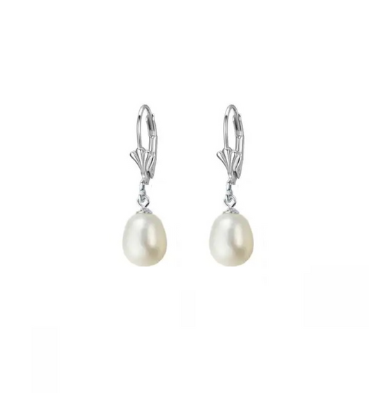 Sterling Silver Shell Leverback & White Freshwater Pearl Drop Earrings