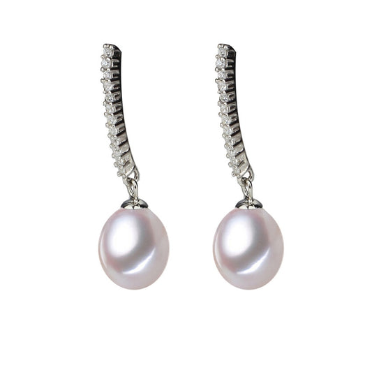 Sterling Silver Classic Bar Drop Earrings with White Freshwater Pearls