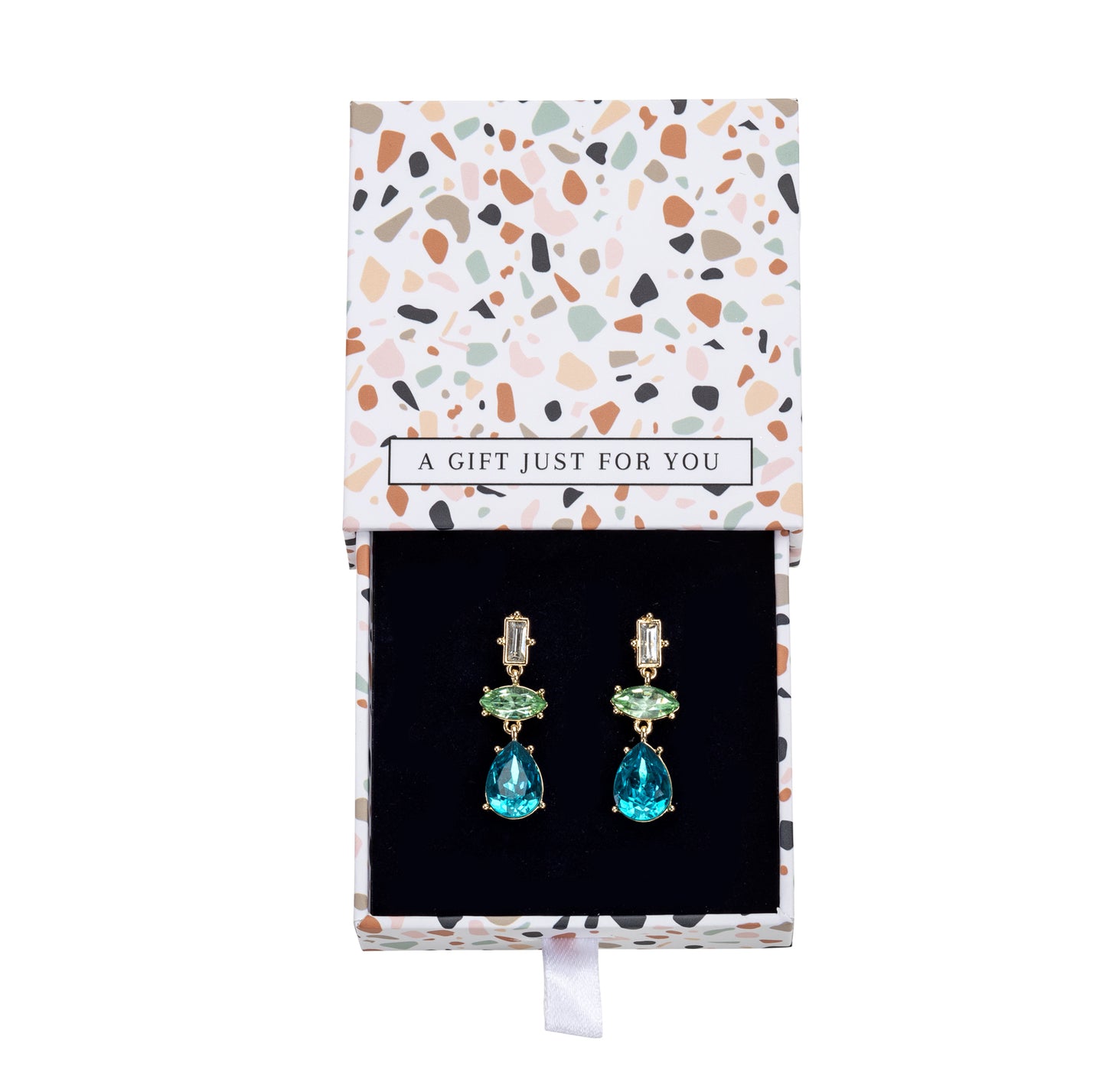 Blue Green Crystal Teardrop Drop Earrings - In Gift Box