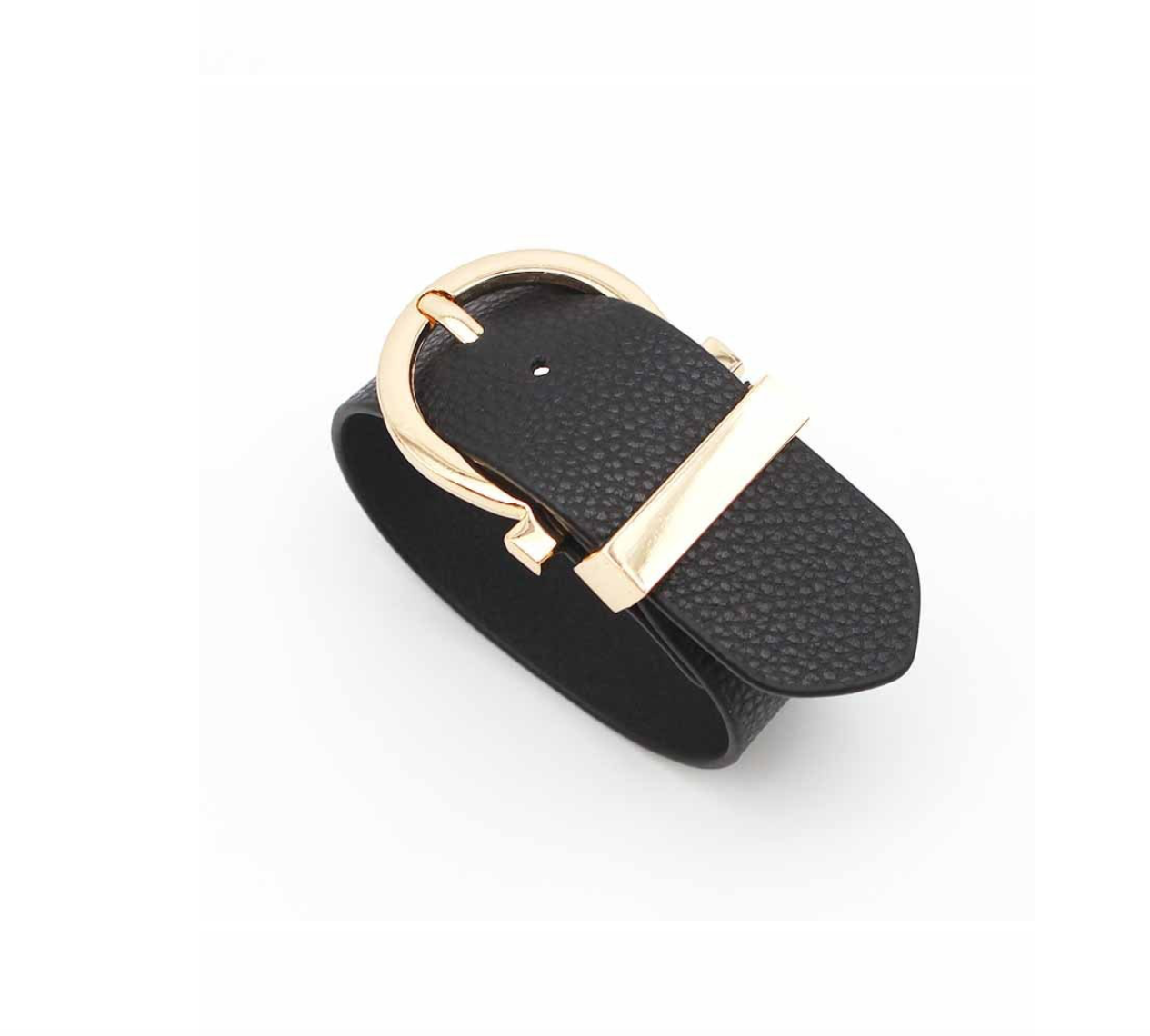 Goldtone Black Leather Belt Buckle Bracelet