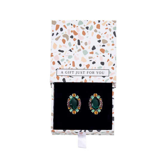 Black Multi Colored Marquis Crystal Stud Earrings - In Gift Box