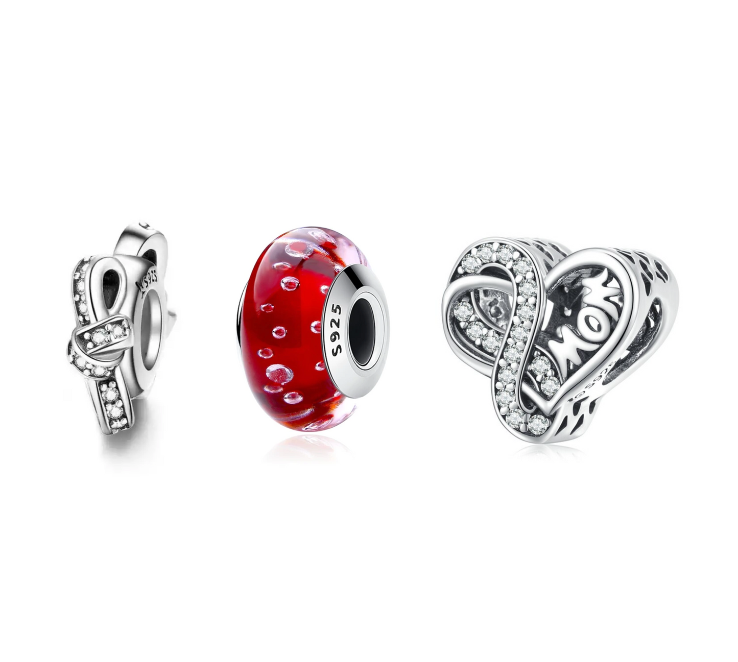 Cubic Zirconia & Sterling Silver "Mom" Heart Charm - Set of Three