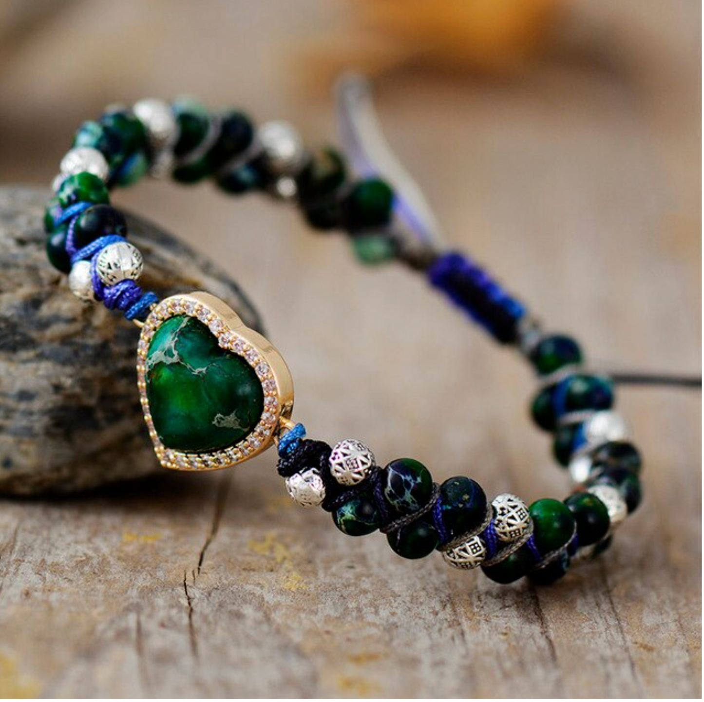 Semi Precious Gemstone Heart Adjustable Bracelet with Pave Heart Halo