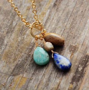 Natural Gemstone & Goldtone Toggle Teardrop Triple Pendant Necklace