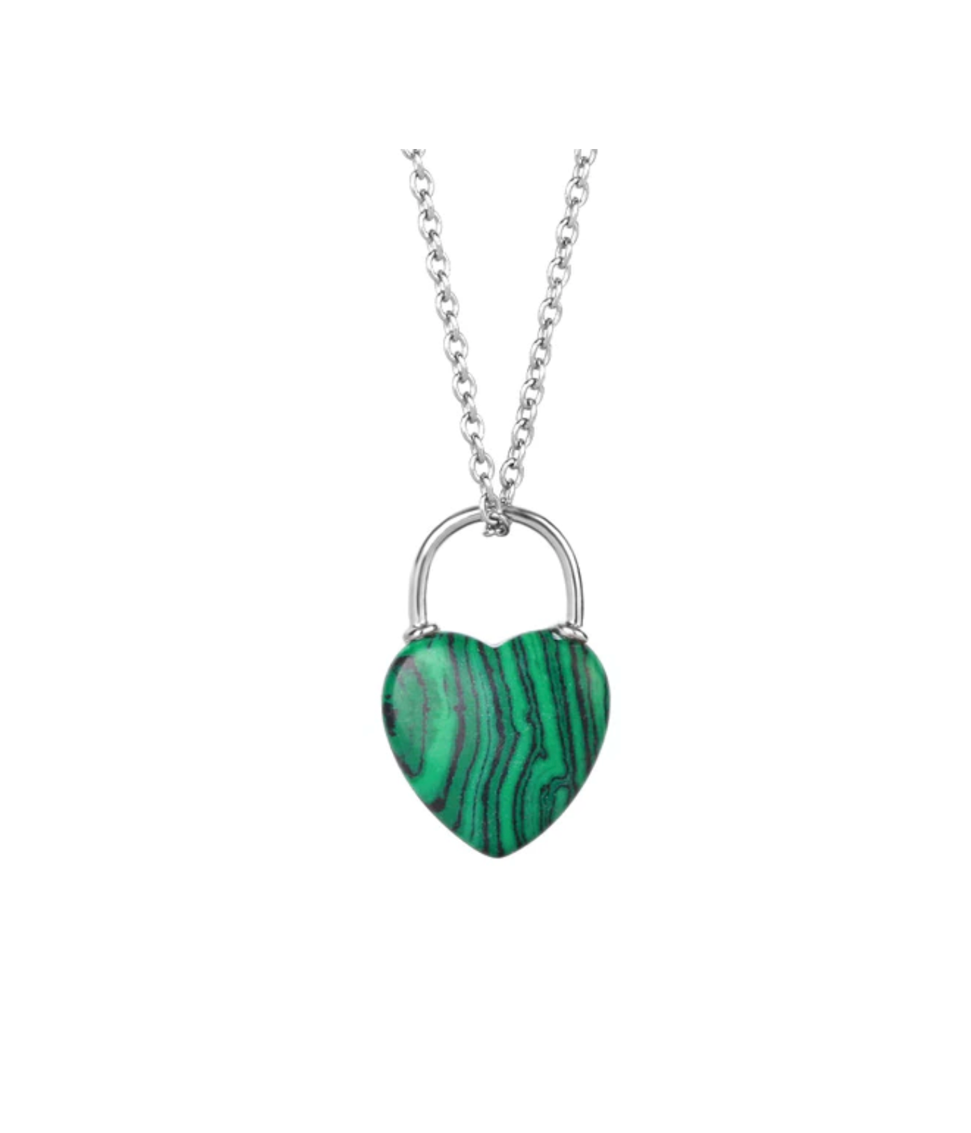 Silvertone & Green Lock Heart Pendant Necklace