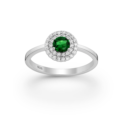 Sterling Silver & Emerald Green and Clear  Pave Halo Ring