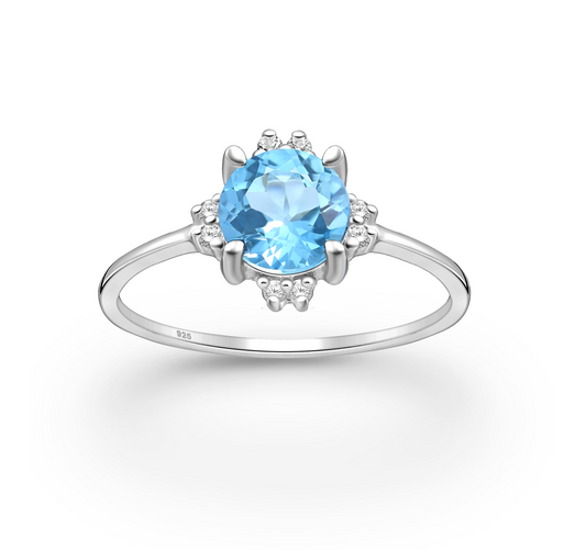 Sterling Silver Aqua CZ Prong Set & Pave Ring