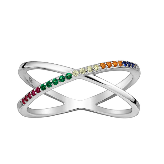 Sterling Silver & Multi Colored CZ X Crossover Ring