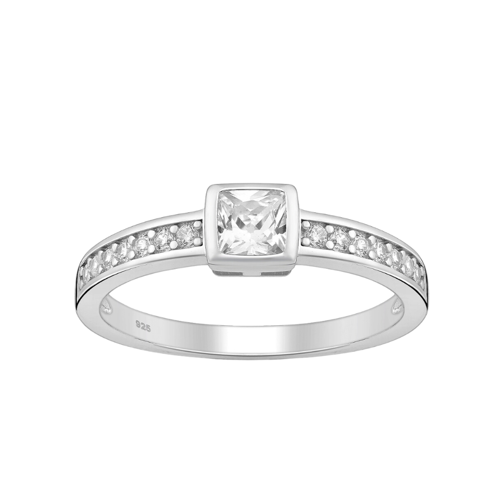 Sterling Silver & CZ Pave and Square Classic Ring