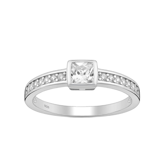 Sterling Silver & CZ Pave and Square Classic Ring