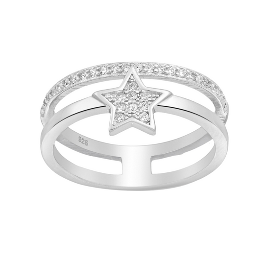 Sterling Silver & CZ Pave Dual Row Star Ring