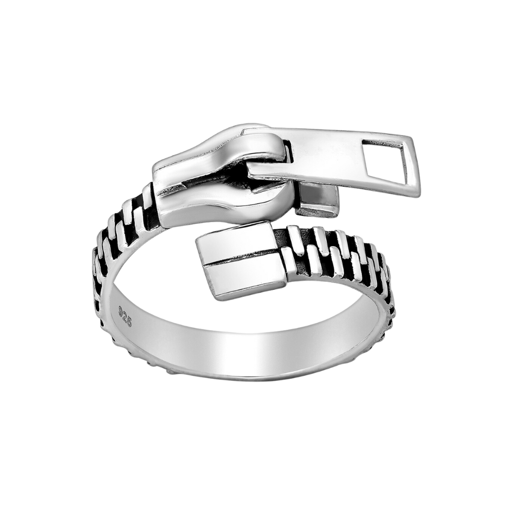 Sterling Silver Zipper Bypass Adjustable Ring (Sizes 6 to 9)