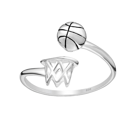 Sterling Silver Basketball and Net Bypass Adjustable Ring (Sizes 6 to 9)