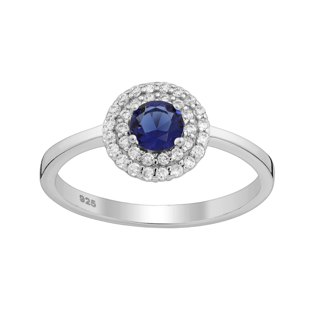 Sterling Silver & Sapphire Blue and Clear  Pave Halo Ring