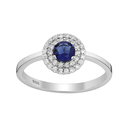 Sterling Silver & Sapphire Blue and Clear  Pave Halo Ring