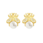 Faux pearl bee studs with gold-tone wings and crystal accents